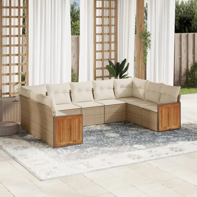 vidaXL 9-delige Loungeset met kussens poly rattan beige, foto 2