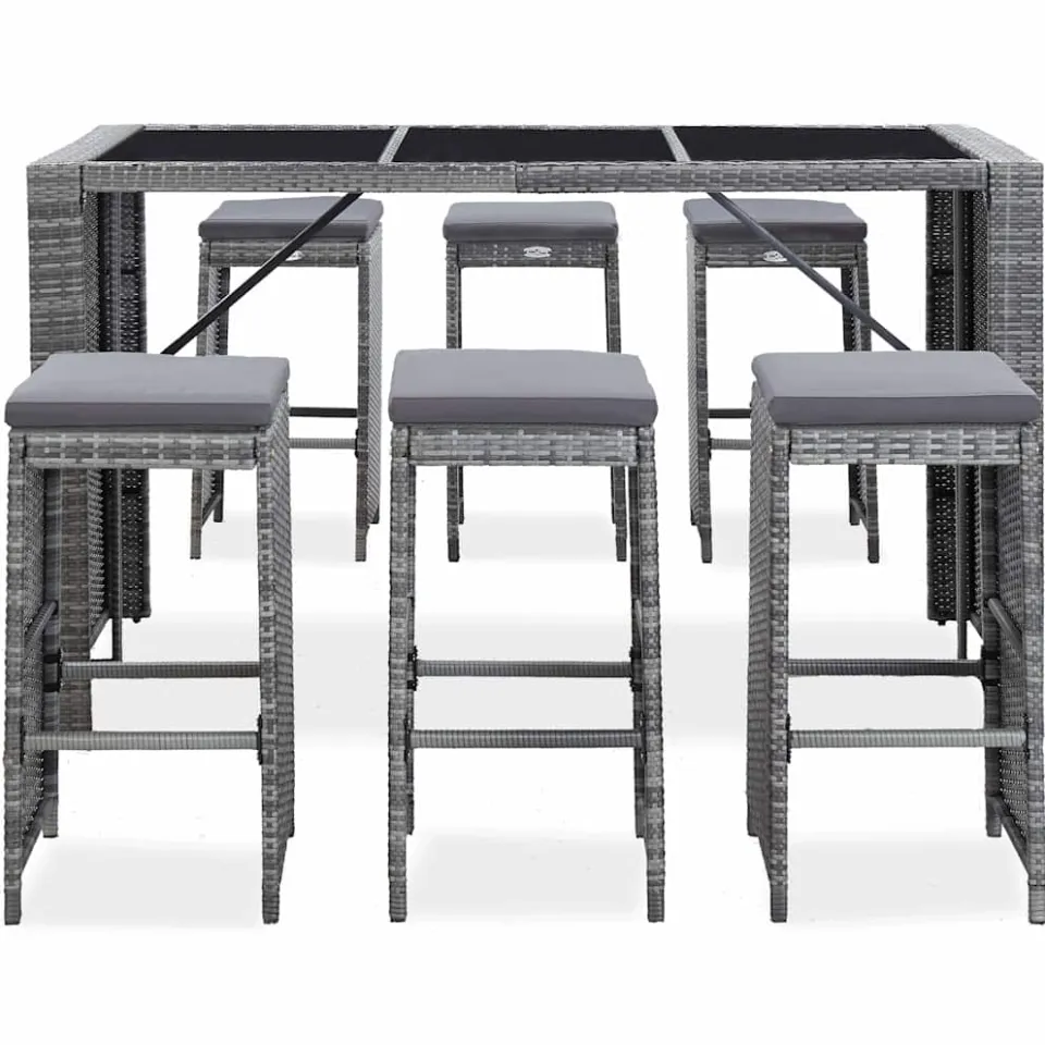 vidaXL 7-delige Tuinbarset met kussens poly rattan grijs, foto 2