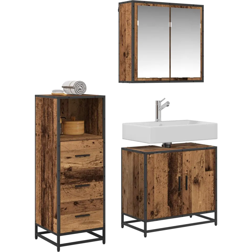 vidaXL Badkamermeubelset 3 st Oud Hout 65 x 33 x 60 cm Bewerkt hout Bruin