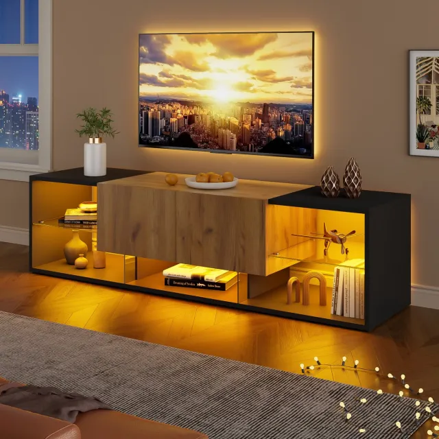 DESMIU Tv Meubel Met Led Verlichting En 2 Lades Voor Woonkamer En Slaapkamer Spaanplaat Zwart Natuur 160 X 40 X 42 Cm Zwart + naturel