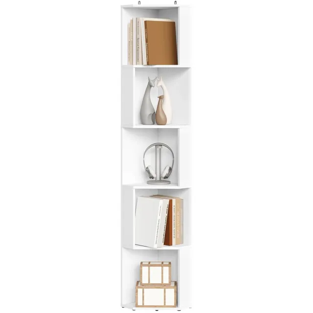 Archi Hoekboekenkast met 5 Vakken – Boekenkast - Stelling - Staande Hoekplank – Smalle Opbergkast – Wit – 147 cm