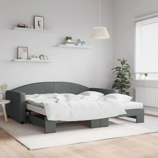 vidaXL Slaapbank onderschuifbed matrassen 100x200 cm stof donkergroen grijs