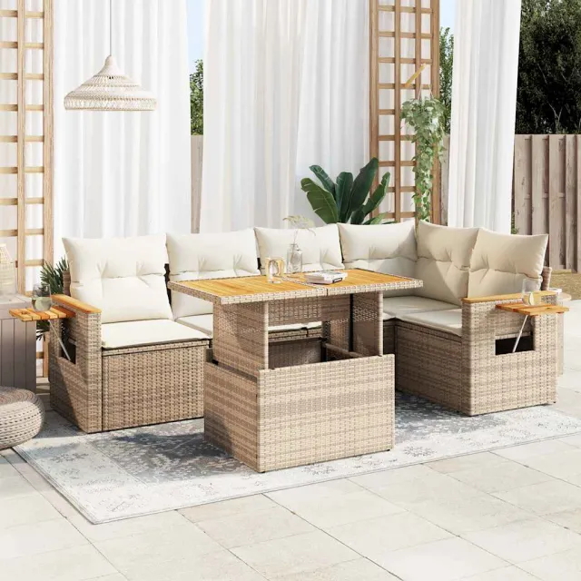 vidaXL 6-delige Loungeset met kussens poly rattan acacia beige, foto 2