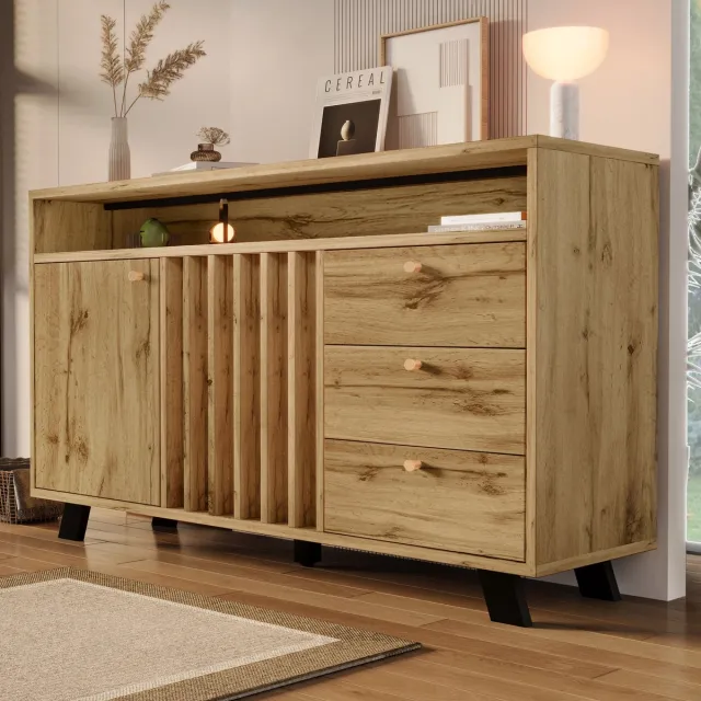 OKWISH Dressoir - Met Lamellenfront En Opbergruimte - 2 Deuren 3 Lades Open Vak Vintage Stijl -120×40×85 cm - Hout - Donkere Eik