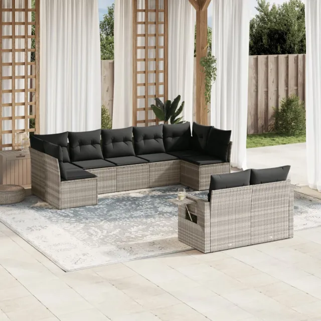vidaXL 9-delige Loungeset met kussens poly rattan lichtgrijs grijs, foto 2