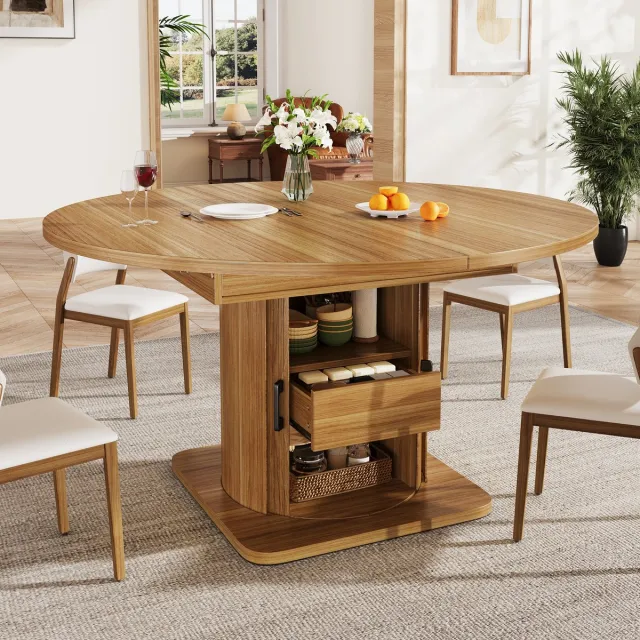 STILVORA Uitschuifbare Eettafel - Rond Naar Ovaal Met Lade - Voor Keuken En Woonkamer - MDF - 118-158x118x76 cm - Zwartbruin Walnoot