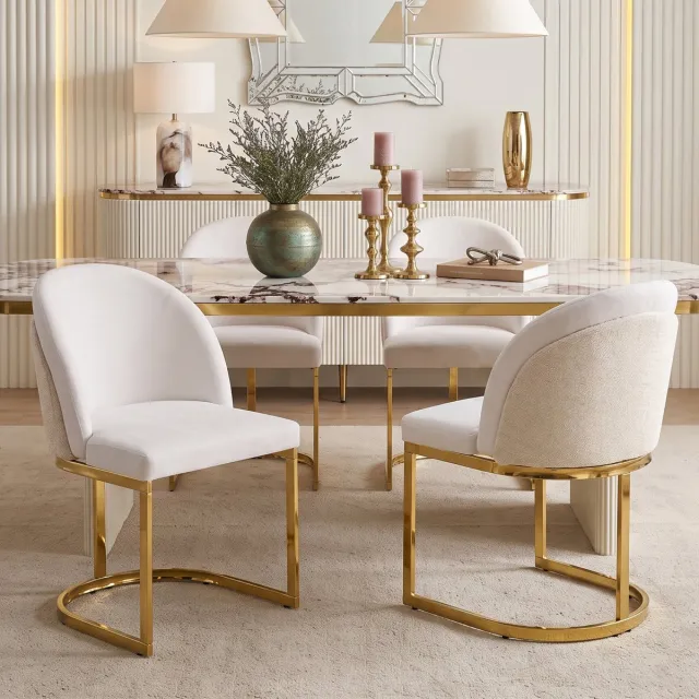 REDOM Eetkamerstoelen set van 2 - Dubbele rugleuning - Chenille bekleding - Metalen onderstel - Moderne stijl - Beige en goud - 59 x 52 x 85 cm