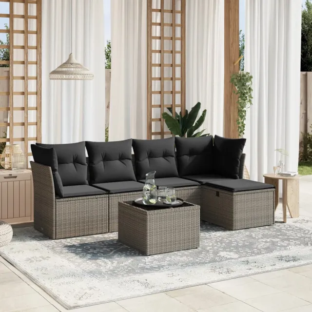 vidaXL 6-delige Loungeset met kussens poly rattan grijs, foto 2