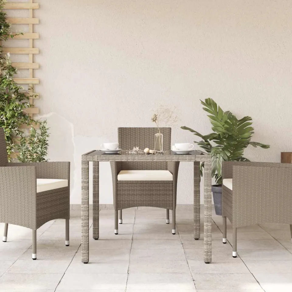 vidaXL Tuintafel met glazen blad 90x90x75 cm poly rattan lichtgrijs grijs, foto 3