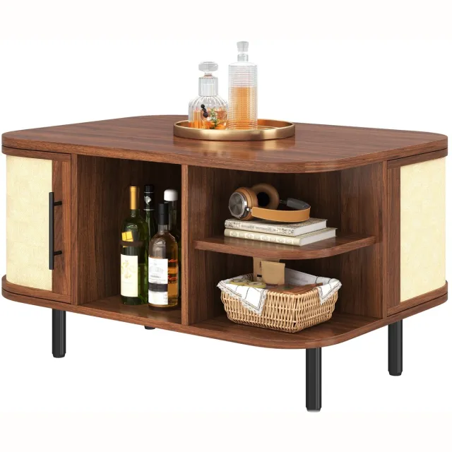 Clruro Salontafel - Gebogen Ontwerp met Gevlochten Front - Opbergruimte en Metalen Poten - MDF Metaal - Houtkleur Walnoot