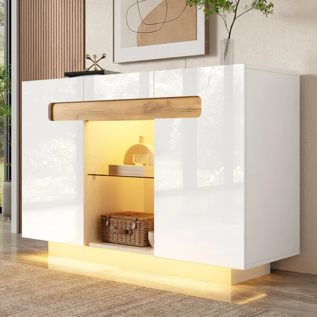 STILVORA Dressoir - Hoogglans Met Ledverlichting En Opbergruimte - Voor Woonkamer Keuken Of Hal - Spaanplaat En Glas - 120x40x80 Cm Wit + Naturel