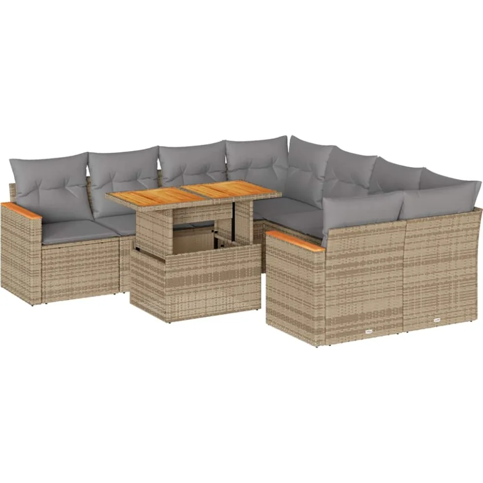 vidaXL 9-delige Loungeset met kussens poly rattan acacia beige, foto 3