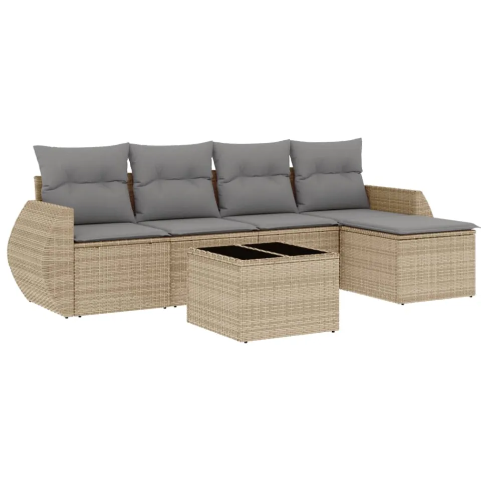 vidaXL 6-delige Loungeset met kussens poly rattan beige
