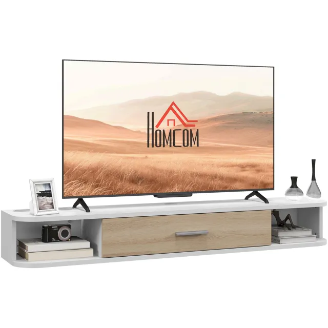 Lunpog TV-meubel hangend 120 cm voor tv's tot 50 inch, wit | TV-kast, 2 open planken, klapdeur, kabeldoorvoer, zwevende tv-bank, woonkamer, slaapkamer