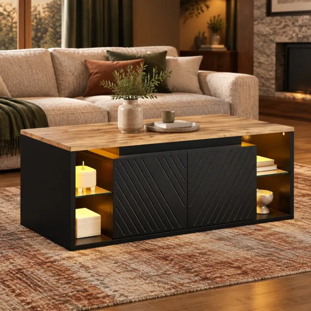 DESMIU Salontafel - LED-Verlichting En Opbergruimte Met 2 Deuren - Voor De Woonkamer - Spaanplaat - 100 X 50 X 41 Cm - Zwart