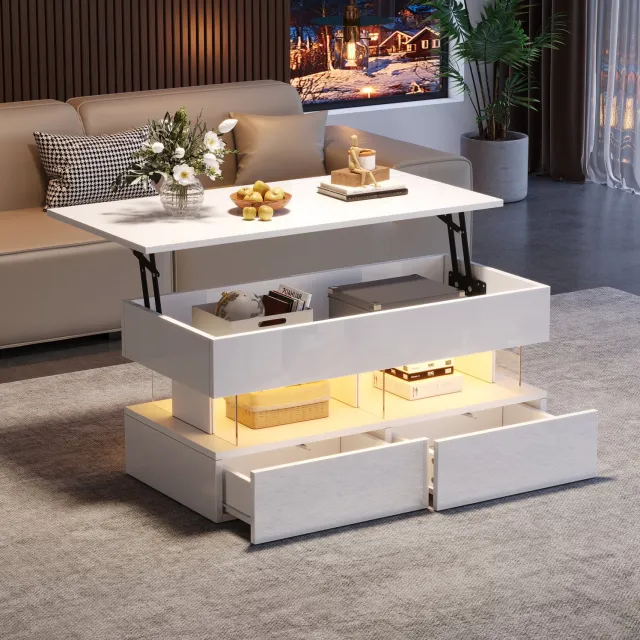 Maisentiel Salontafel 100 x 50 x 46 cm – hoogteverstelbaar met LED, 2 lades, MDF, wit