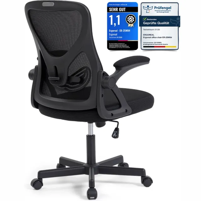 Ergoreal Ergonomische Bureaustoel - Office Chair - Opklapbare armleuningen-Lendensteun -Zwart