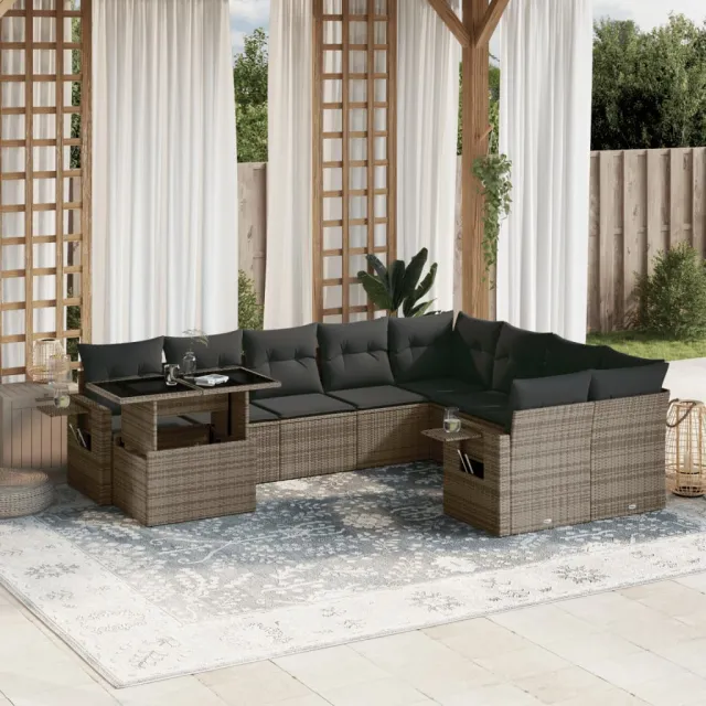 vidaXL 10-delige Loungeset met kussens poly rattan grijs, foto 2