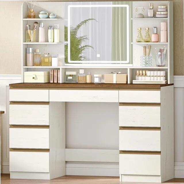 Sierra , Grote Kaptafel met LED-verlichting, 3 kleuren, Instelbare Helderheid, Kaptafel met Spiegel, 9 Laden, 9 Open Planken, Moderne Stijl, Wit-Bruin DT41914X