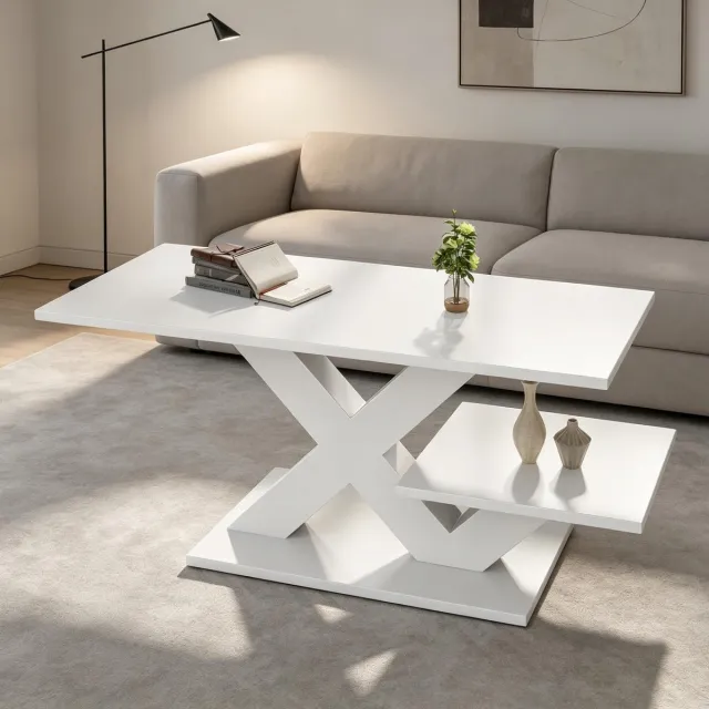 MODFU Salontafel - Dubbel Tafelblad - X-Poot - MDF - Wit - 100 X 48 X 45 Cm
