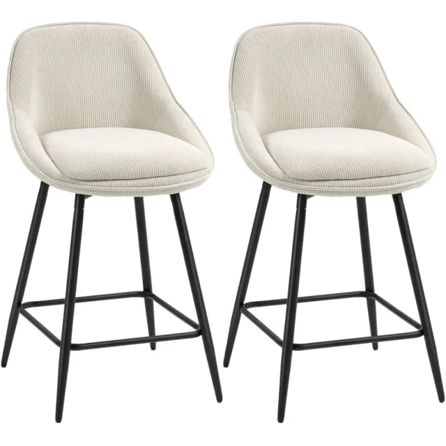ZYLARO Barkruk - Set Van 2 - Corduroy Barstoelen - Stalen Poten - Gestoffeerde Stoelen Voor Kookeiland En Eetkamer - Crème
