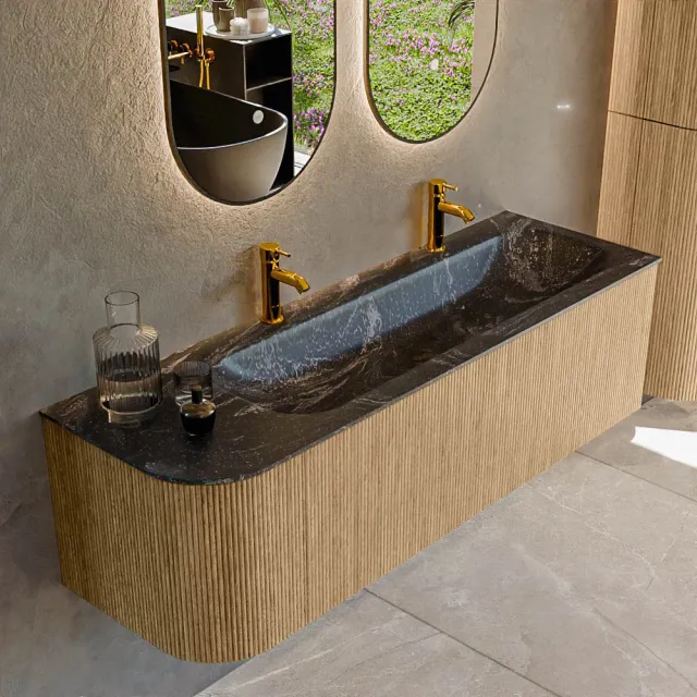 Mondiaz KURVE-DLUX 145 cm Onderkast Greeploos 1 Lade Met Deuren Oak, Wastafel Solid Surface Rechts Lava 0 Kraangaten Zonder Spiegel (KRVBGL145L1L1D0KR-Oak/Lav)