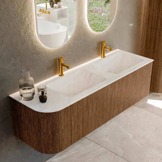 Mondiaz KURVE-DLUX 145 cm Onderkast Greeploos 1 Lade Met Deuren Walnut, Wastafel Solid Surface Rechts Opalo 2 Kraangaten Zonder Spiegel (KRVLEA145L1L1D2KD-Wal/Opa)