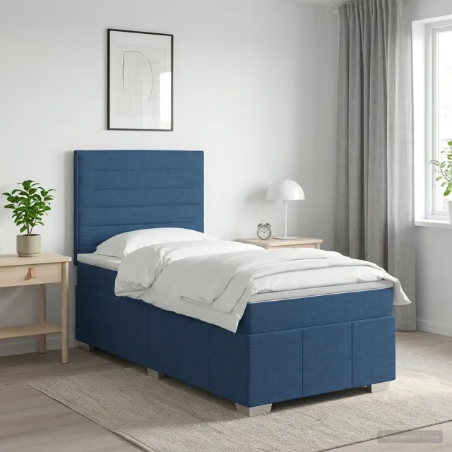 vidaXL LED Boxspring Bed met Matras Blauw 100 x 200 cm Stof