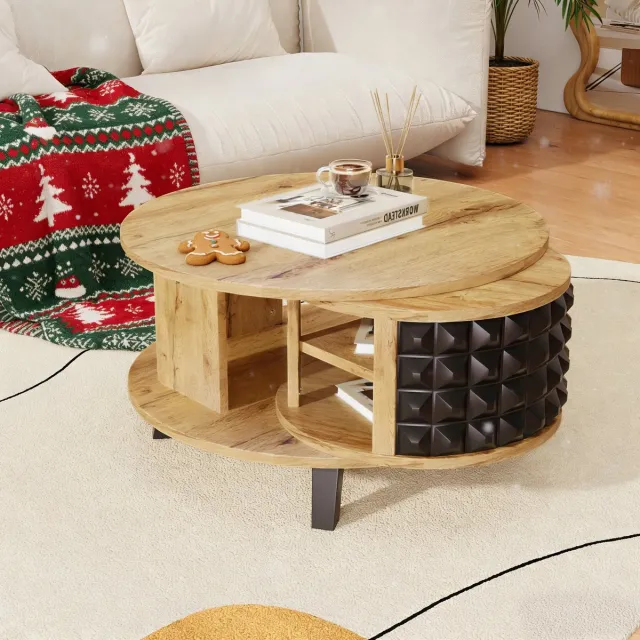 REDOM Salontafel met dubbel tafelblad en draaibaar opbergvak – naturel houtnerf & zwart, 360° verborgen opbergruimte Natuurlijk