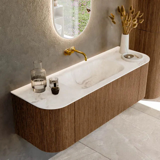 Mondiaz KURVE-DLUX 140 cm Onderkast Greeploos 1 Lade Met Deuren Walnut, Wastafel Solid Surface Midden Frappe 0 Kraangaten Zonder Spiegel (KRVBGS140L+R1L2D0KM-Wal/Fra)