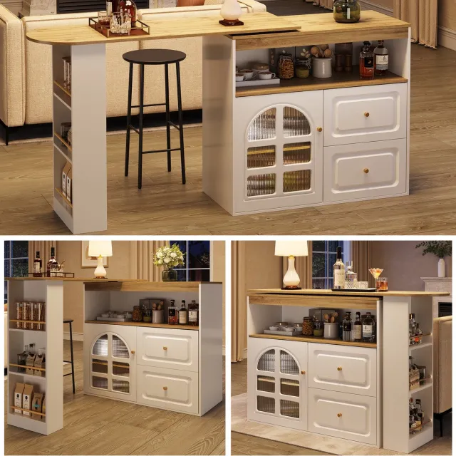 Merax 360° Draaibare Snackbar - Witte Moderne Bartafel met 2 Lades, Snackplank & Open Opbergvak - Sideboard met Bogenglas