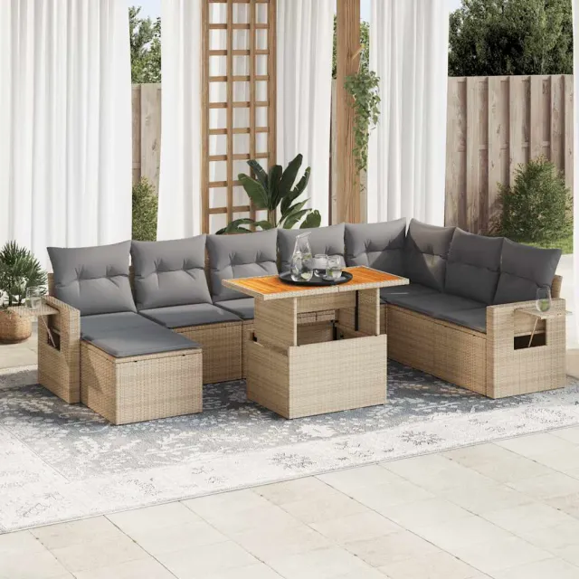 vidaXL 9-delige Loungeset met kussens poly rattan beige, foto 2