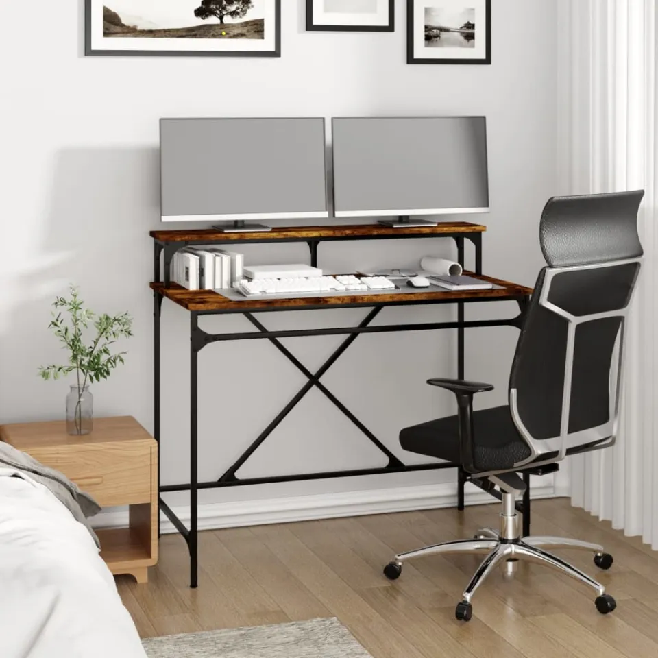 vidaXL Bureau 100x50x90 cm bewerkt hout en ijzer gerookt eikenkleurig, foto 3