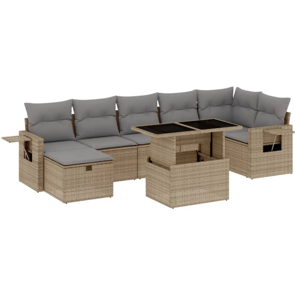 vidaXL 8-delige Loungeset met kussens poly rattan beige, foto 3