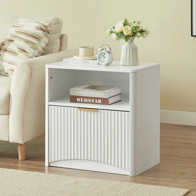 Ropilly Nachtkastje wit met lade - Bijzettafel - Geribbeld design - Spaanplaat - Slaapkamer & Woonkamer - 58x38x60 cm