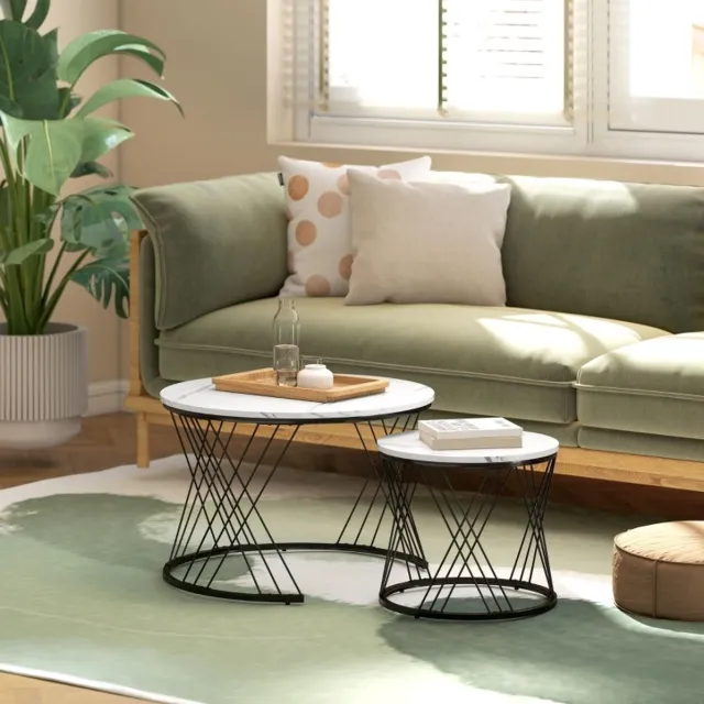 COVREO Salontafelset van 2 – Ronde bijzettafels met marmerlook – In elkaar schuifbaar – 70x70x46,5 cm – Wit