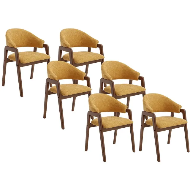 Vente-unique Set van 6 stoelen met armleuningen in gestructureerde stof en rubberhout - Geel en donker naturel - SOLUNA