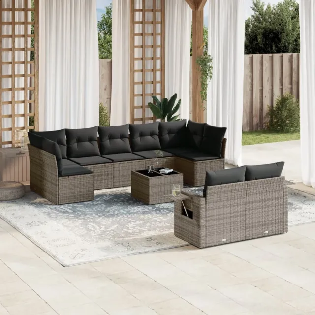 vidaXL 10-delige Loungeset met kussens poly rattan grijs, foto 2