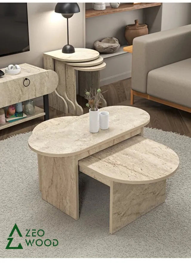 Zeo Wood Salontafel - Set van 2 Salontafel - Salontafel Travertin