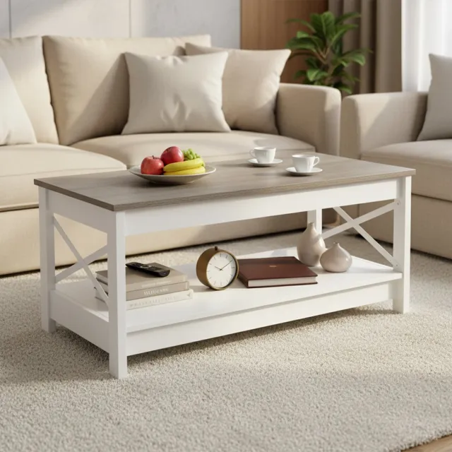 EGGREE salontafel - landelijke stijl - salontafel met opbergruimte voor de woonkamer of slaapkamer - 100 x 50 x 45 cm Eikenkleur + wit