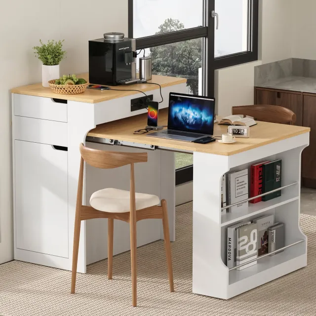 MEUNIQ uitschuifbare eettafel keukeninsel 153 x 80 x 93 cm met stopcontact, 2 lades, open opbergruimte en verborgen wielen, wit met houtkleurig blad