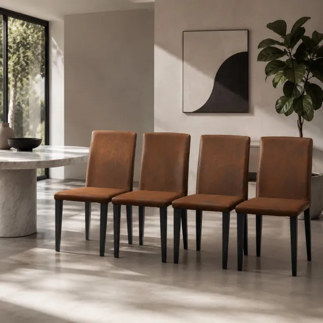 Welltin Eetkamerstoelen - Set Van 4 - PU Leer - Gestoffeerde eetkamerstoel - Eetkamerstoel - Met rugleuning - Eettafelstoel - Eetkamerstoelen - Stoel - Moderne stijl - Bruin, zwart