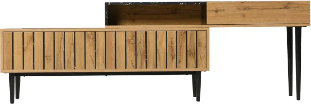 SONNENH Uitschuifbaar tv-meubel - Houtlook en zwarte marmerlook - 129–200 cm breed - 2 kleppen Bruine houtlook met zwarte marmerlook en zwarte poten