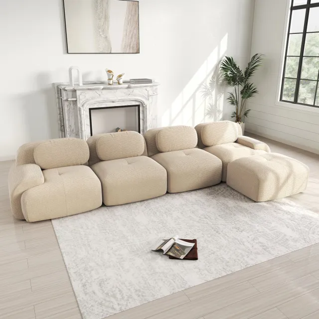 COVREO Hoekbank 388 x 178 x 75 cm – beige cordstof, 4 zitplaatsen, met chaise longue