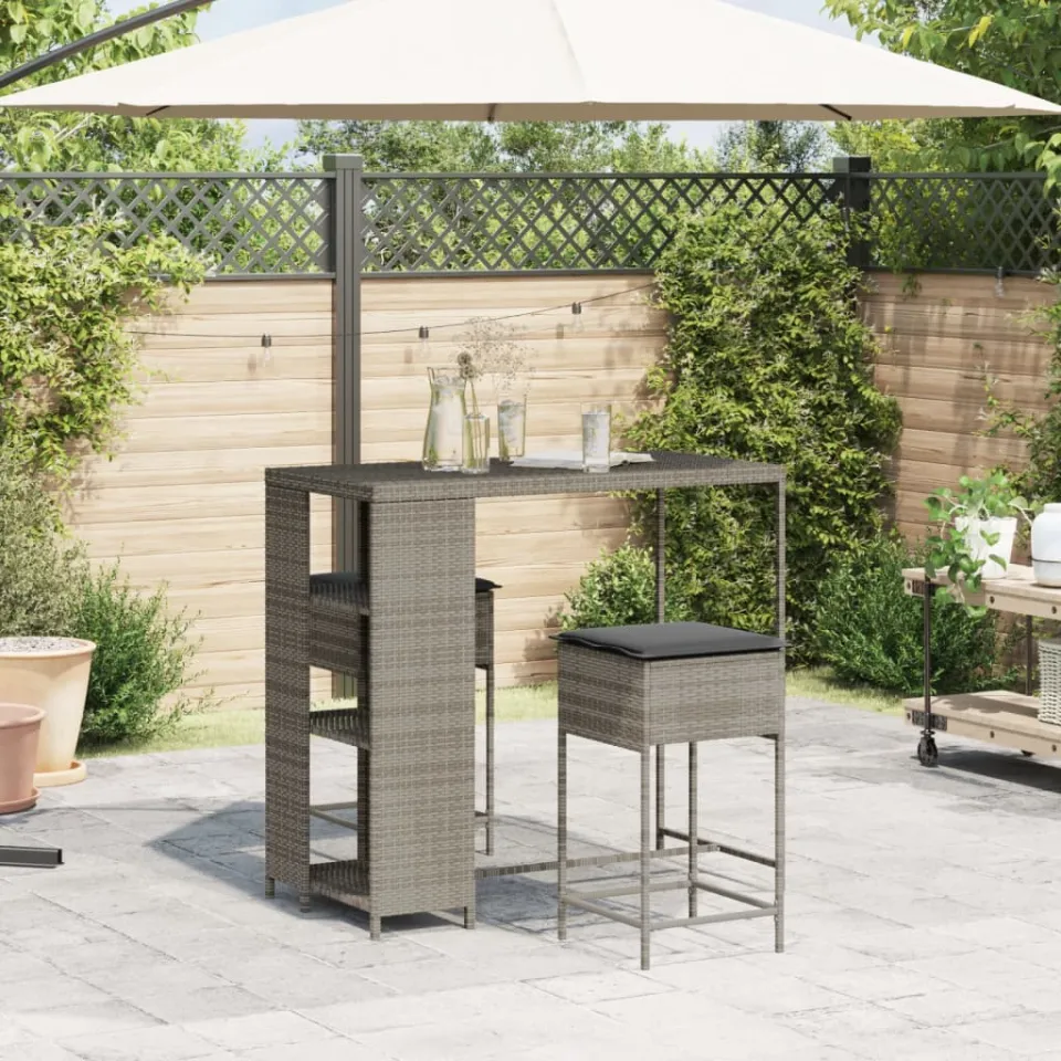 vidaXL 3-delige Tuinbarset met kussens poly rattan grijs, foto 3