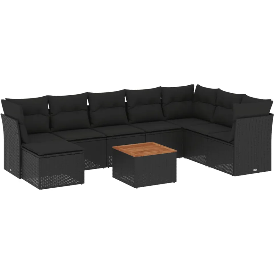 vidaXL 9-delige Loungeset met kussens poly rattan zwart
