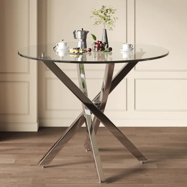 Zubaliya Ronde Eettafel 80 cm - Moderne Glazen Tafel Met Metalen Poten - Compacte Eettafel Voor Keuken, Woonkamer En Eethoek Zilver