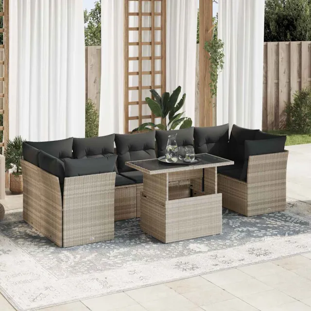 vidaXL 10-delige Loungeset met kussens poly rattan lichtgrijs grijs, foto 2