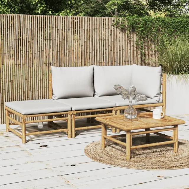 vidaXL 3-delige Loungeset met kussens bamboe lichtgrijs Bruin