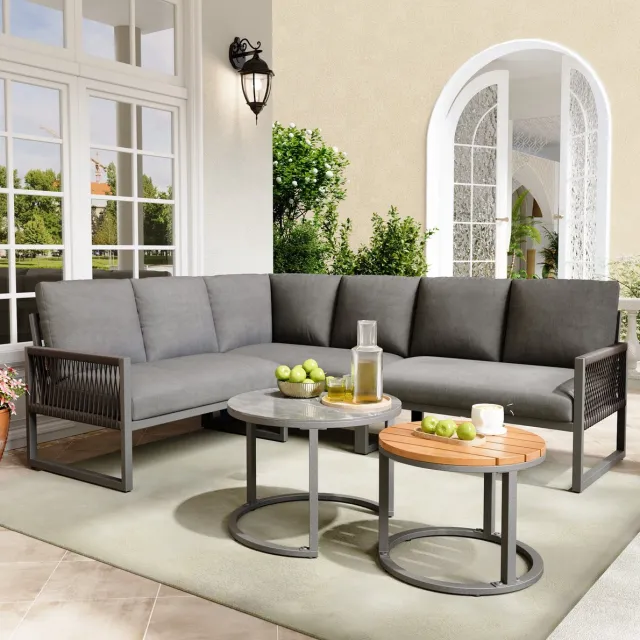 MEUNIQ Grijze hoek loungeset voor 6-7 personen met 3 sofa-elementen, 2 salontafels, zit- en rugkussens, verstelbare poten voor tuin en terras Grijs
